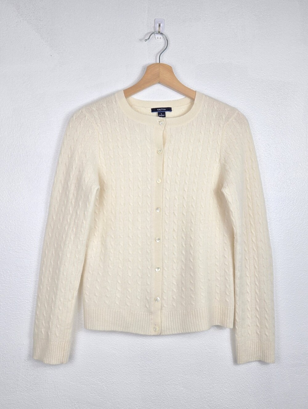 Nautica Cashmere Cardigan Cream Ivory Cable Knit Ribbed Size Large Soft Cozy